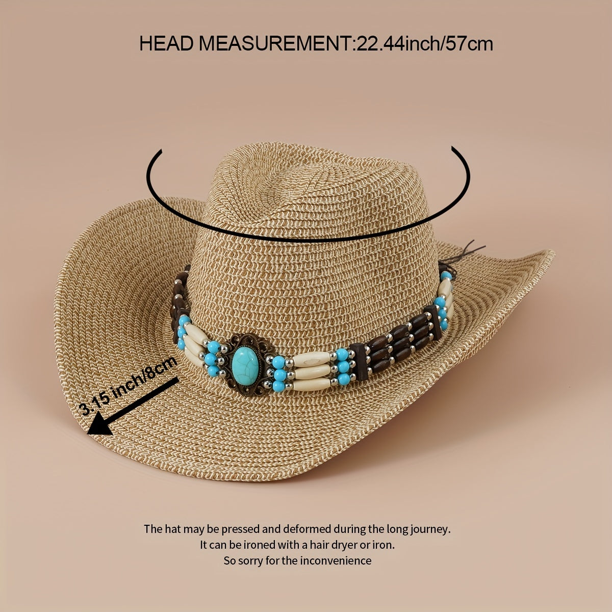 Turquoise Chain Decor Cowboy Hat Khaki Western Straw Cowgirl Hats