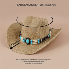 Turquoise Chain Decor Cowboy Hat Khaki Western Straw Cowgirl Hats