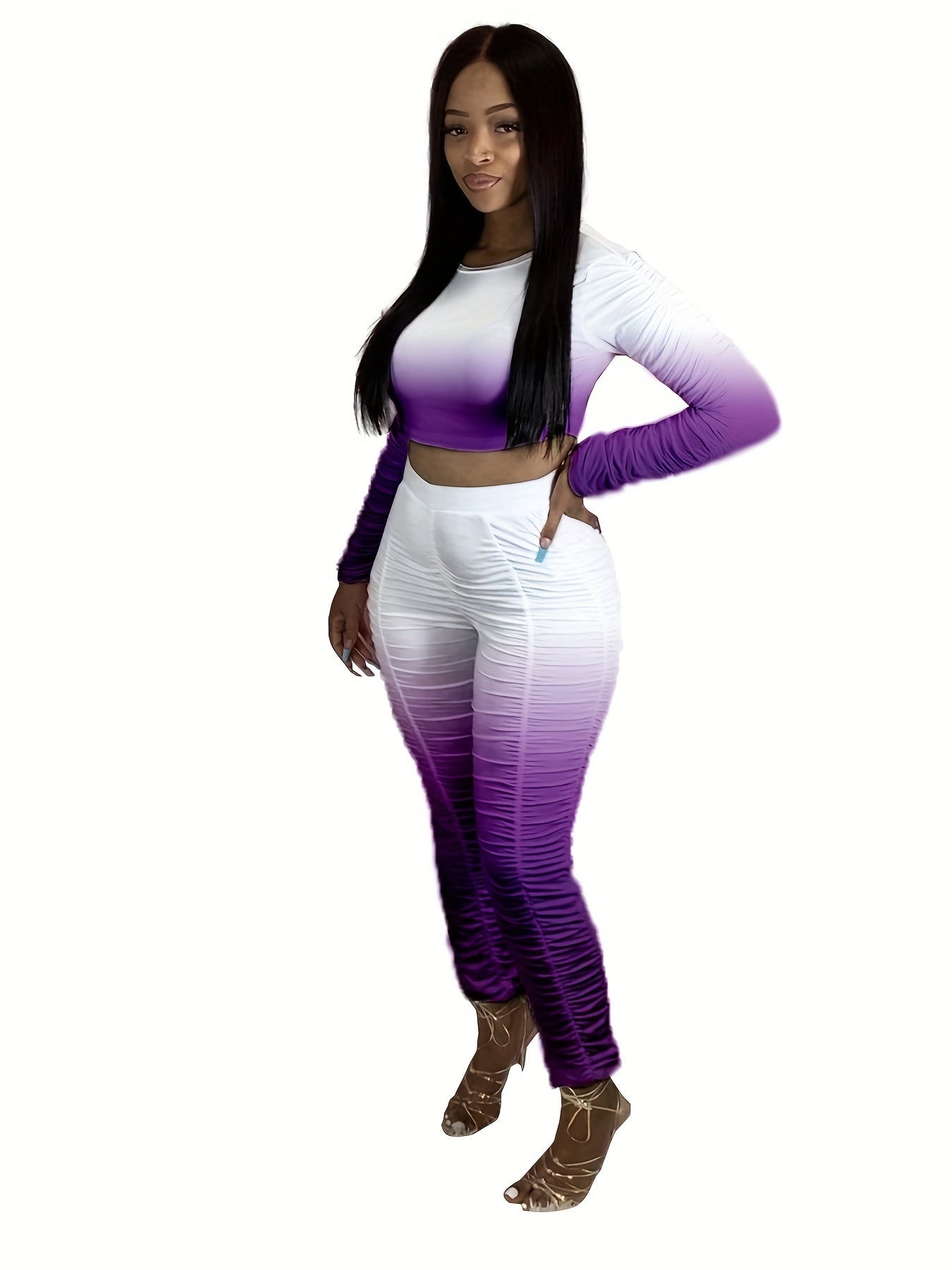 Gradient Ruched 2 Pc Set Crew Neck LS Top & Slim Pants Outfits Women's Clothing