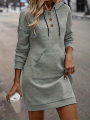 Button Up Hooded Drawstring Sweatshirt Dress