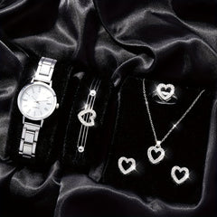 6pcs Roman Silver Steel Band Quartz Watch Rhinestone Men's Set