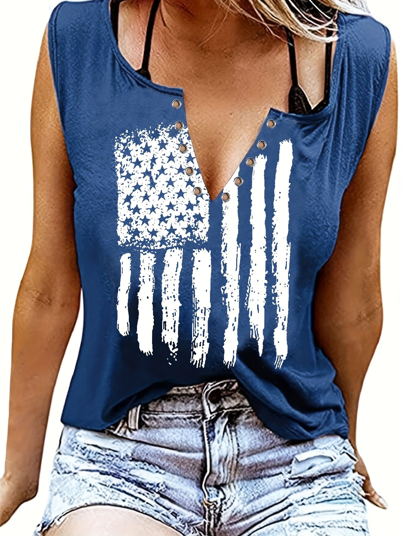 American Flag Print Tank Top Sleeveless Crew Neck Women's Clothing