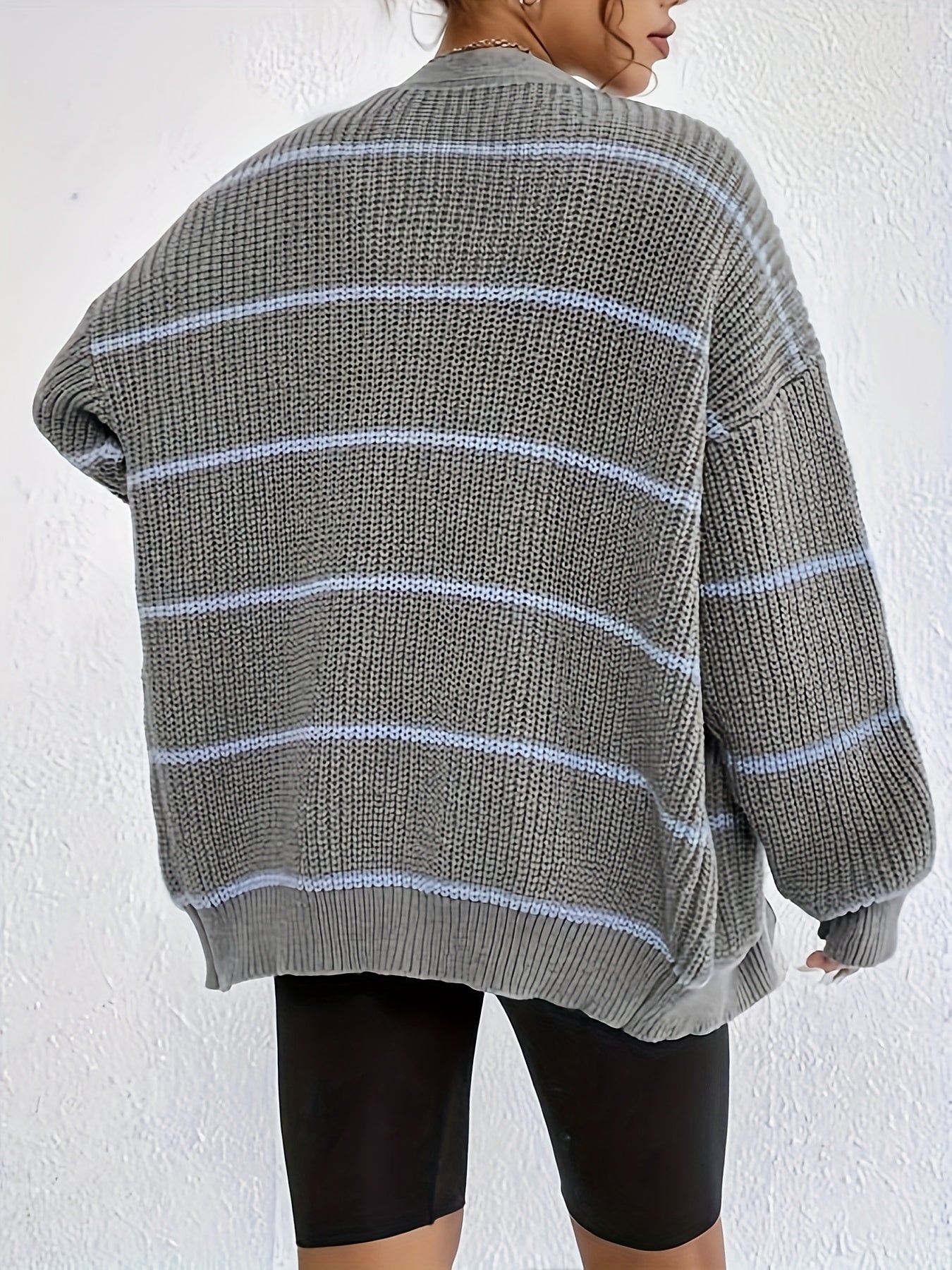Stripe Print Button Up Long Sleeve Open Front Cardigan