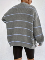 Stripe Print Button Up Long Sleeve Open Front Cardigan