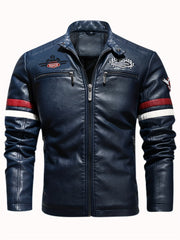 Men's Embroidery Cycling Jacket Casual Stand Collar PU Leather Zip Up Jacket