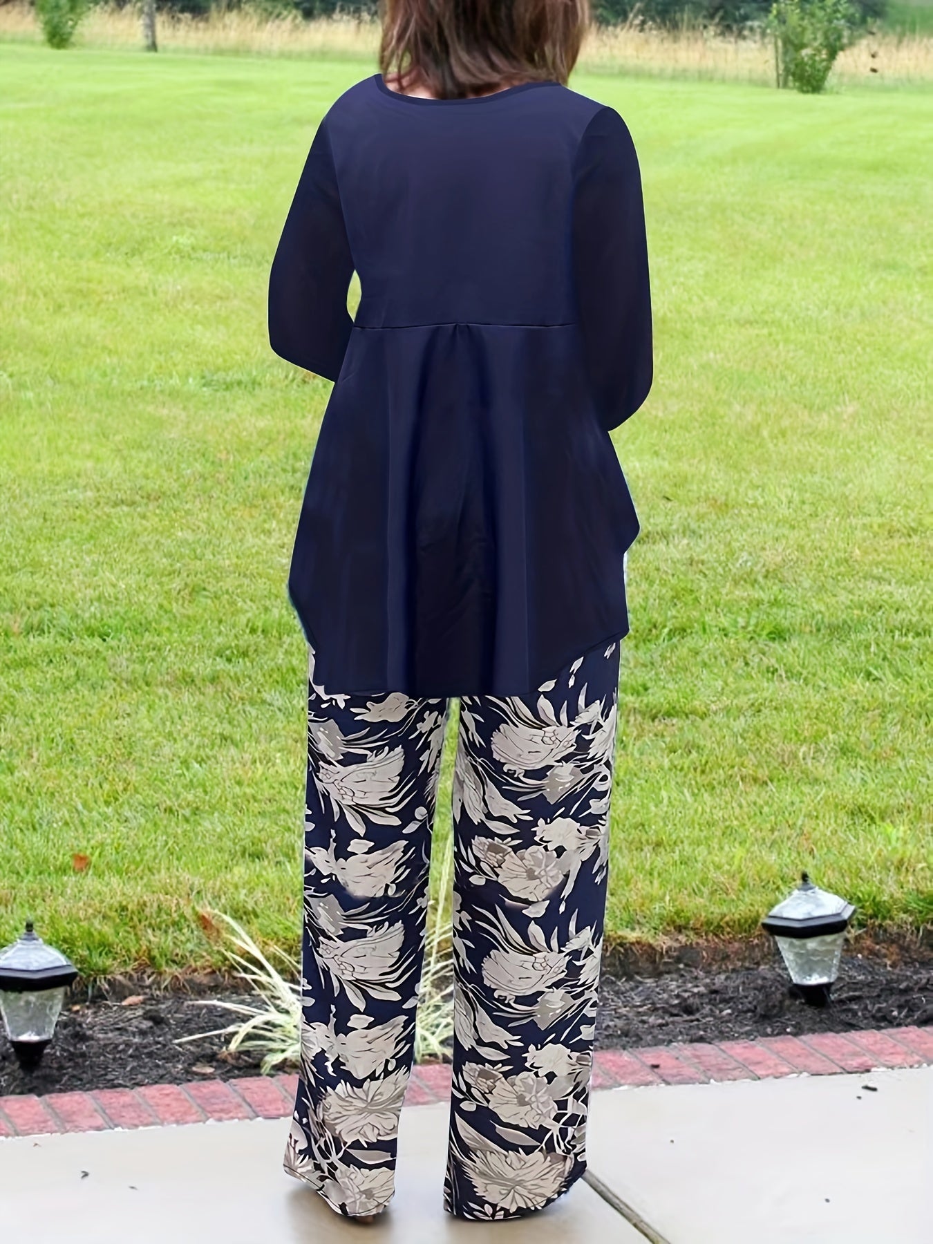 2 Piece Set Solid Top & Floral Print Pants Outfit
