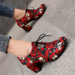 Skull & Rose Chunky Heels Lace Up Pumps Round Toe