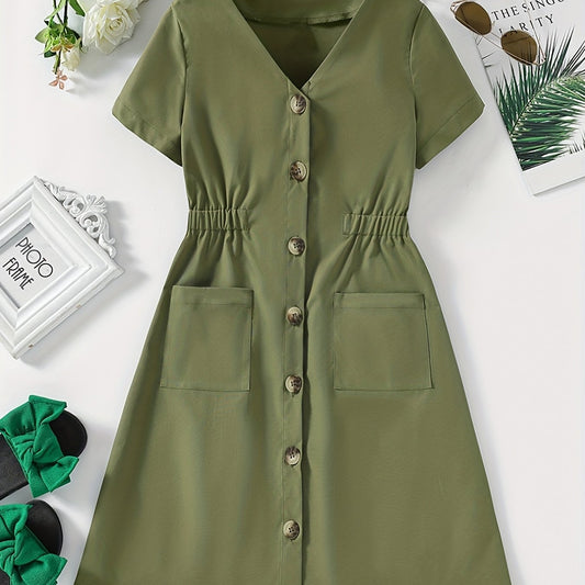 Girls V Neck Button Down Tunic Dress With Pockets