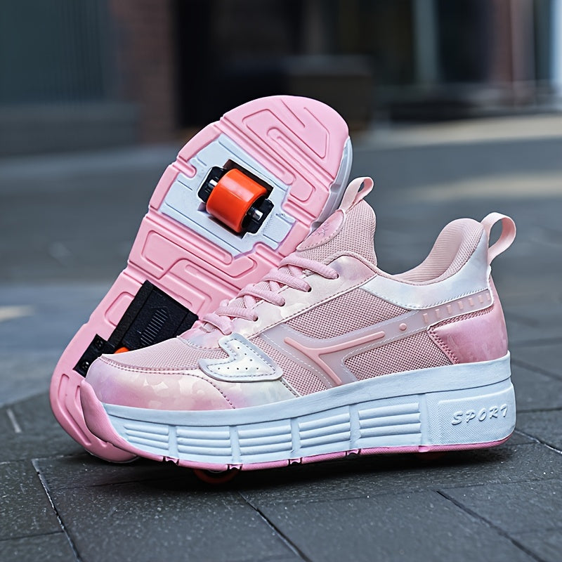 Girl's LED Light Up Roller Shoes Lace Up Wheel Skate Sneakers for Kids