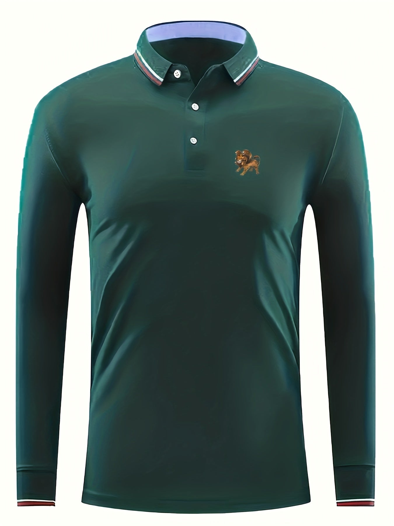 Men's Lion Print Polo Shirt Casual Breathable Long Sleeve Shirt
