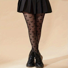 Heart Print Fishnet Tights High Waist Mesh Pantyhose Women's Stockings