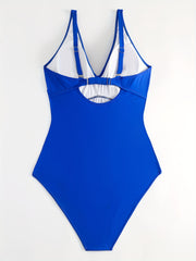 Solid Criss Cross V Neck One Piece Swimsuit
