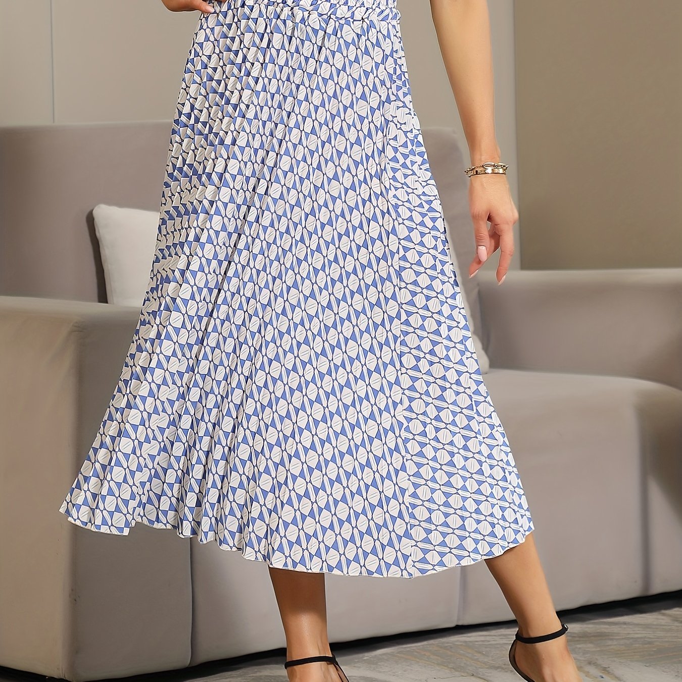 Geometric Print Pleated Skirt Elastic Waist Spring Summer Women's Clothing