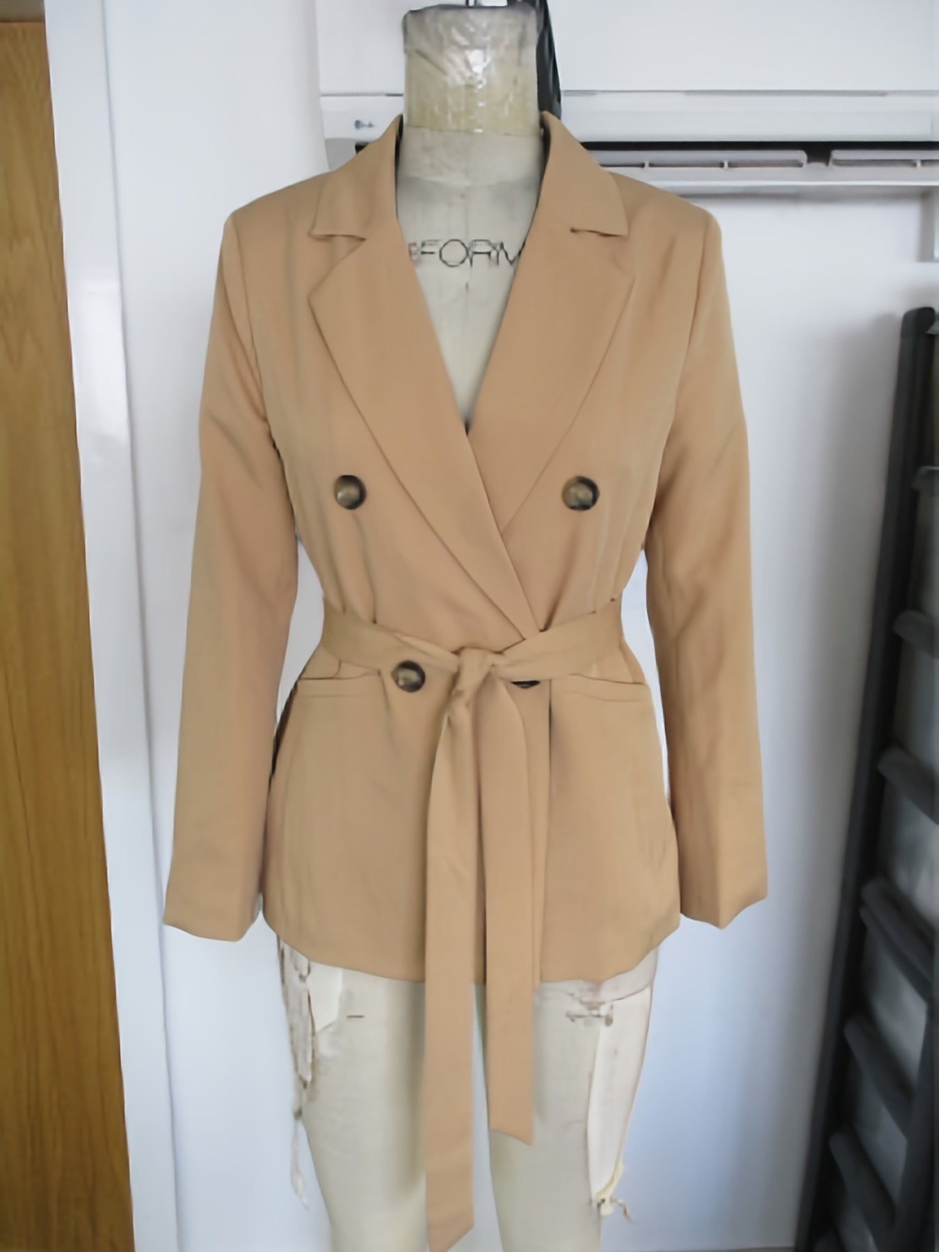 Lapel Neck Belted Double Breasted Blazer