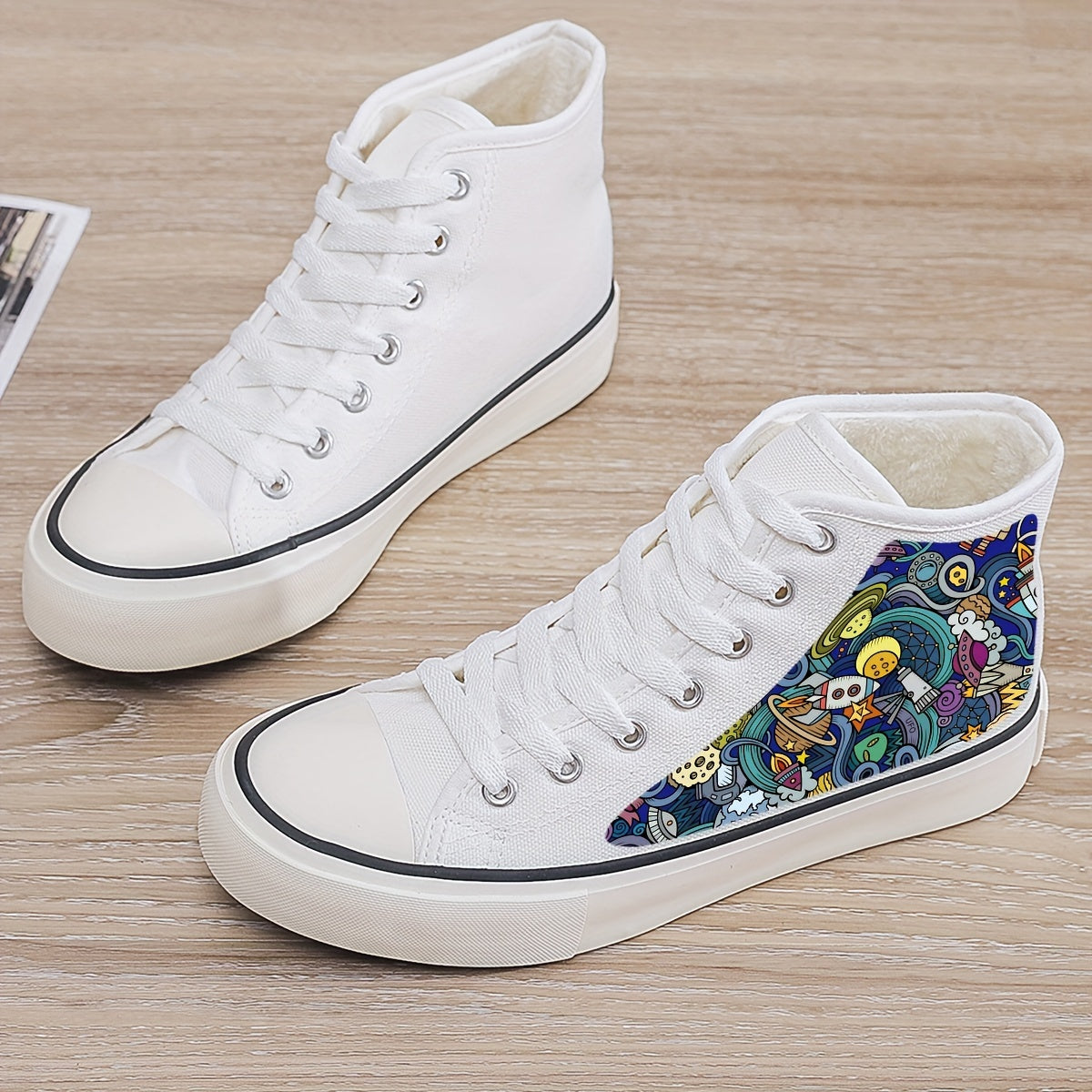 Print Plush Lined Chunky Canvas Sneakers Warm Non Slip Casual High Top Walk