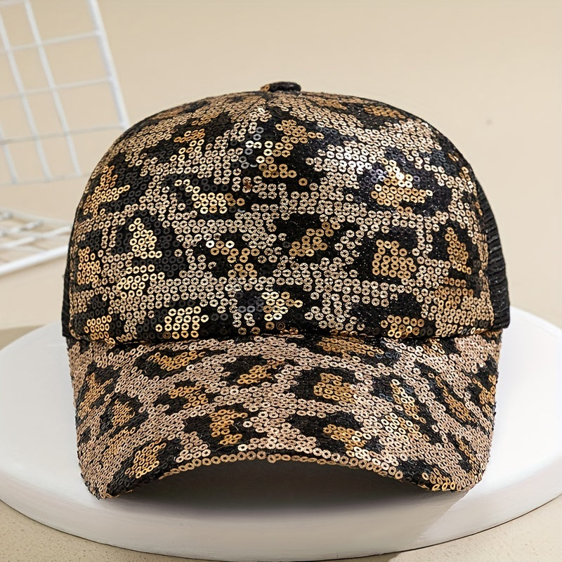 Leopard Trucker Hat Sequin Baseball Cap Adjustable Sunscreen Dad Hats