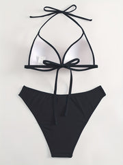 Solid V Neck Halter Bikini Tie Neck High Stetch 2 Piece Swimsuit