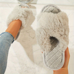 Women's Fluffy Furry Slippers Crisscross Strap Peep Toe Fuzzy Shoes