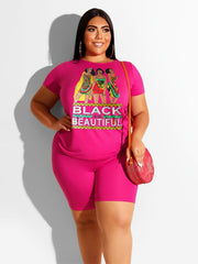 Cartoon Print Tee & Shorts Set: Plus Size 2pcs Outfit