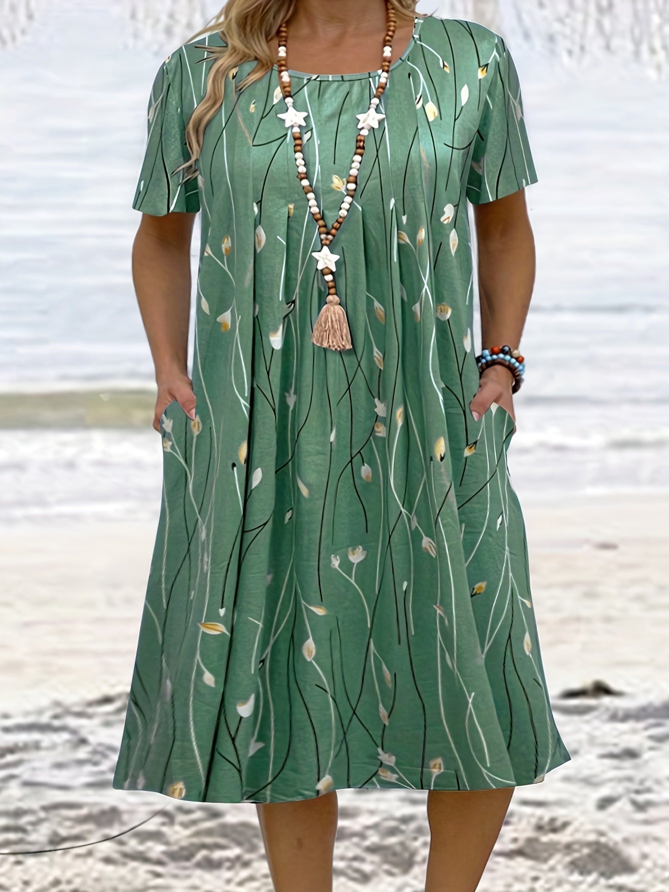 Leaf Print Short Sleeve Casual Dress With Pockets