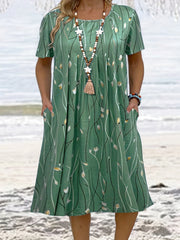Leaf Print Short Sleeve Casual Dress With Pockets