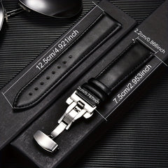 Double Press Solid Butterfly Buckle Leather Strap 18mm-24mm