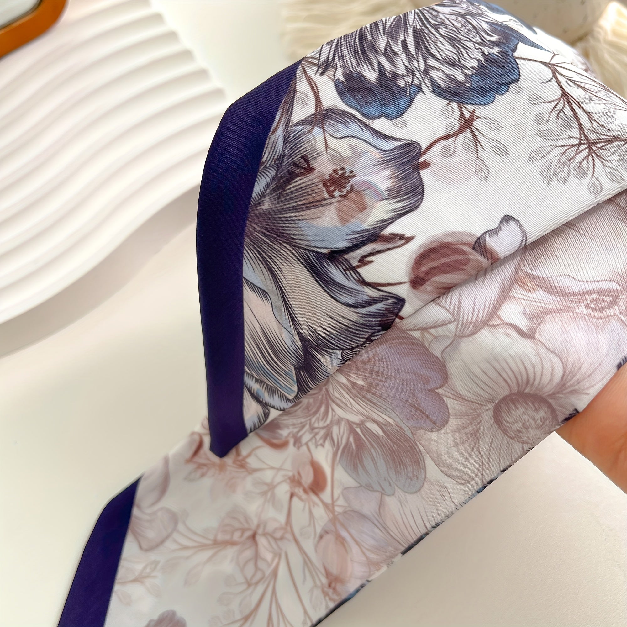 Purple Flower Print Skinny Scarf Vintage Long Ribbon Neckerchief