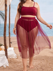 Solid Cami Top & Panties & Mesh Skirt Swimsuit Set Women's Plus