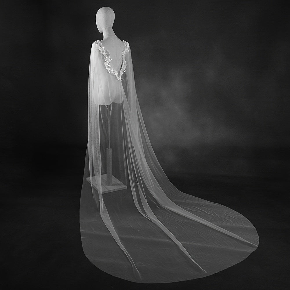 Bridal Wedding Veil Capelet Sheer Lace with Lace Trim Flowing Train
