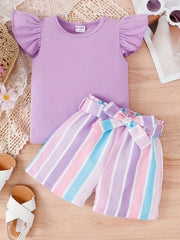 Toddler Girls Ruffle Trim T Shirts & Striped Shorts Set