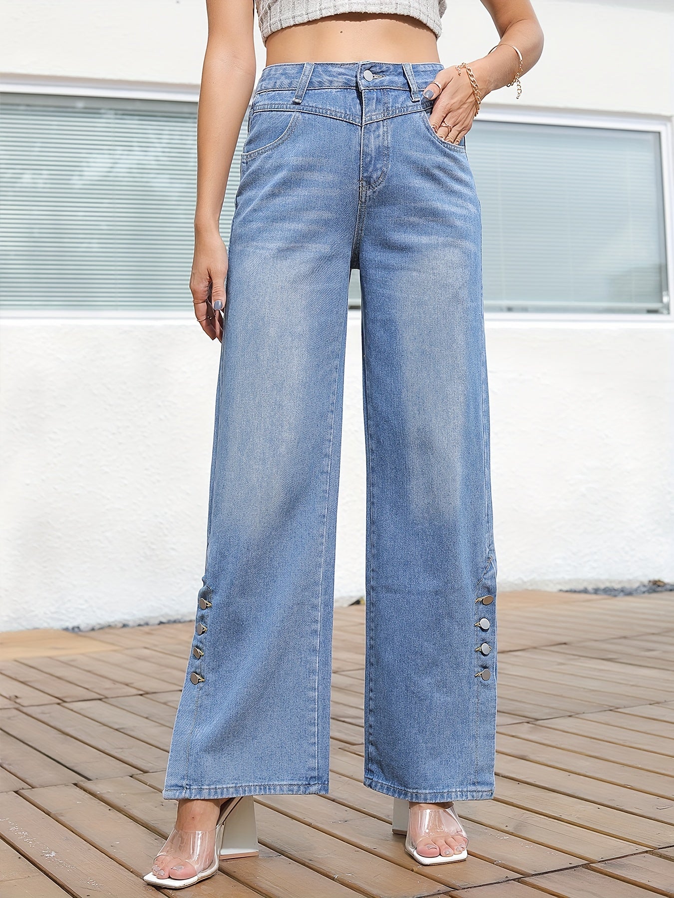 Wide Leg Straight Jeans Loose Fit Slash Pockets Button Detail Denim Pants