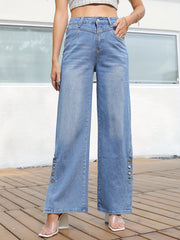 Wide Leg Straight Jeans Loose Fit Slash Pockets Button Detail Denim Pants