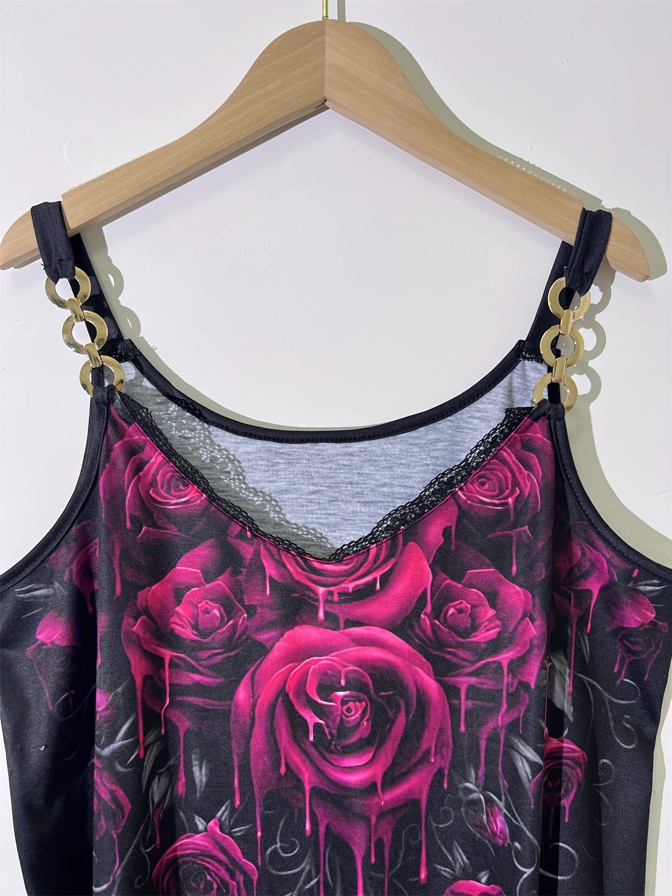 Floral Print Chain Strap Top Lace Spaghetti Strap Summer Women's Clothing