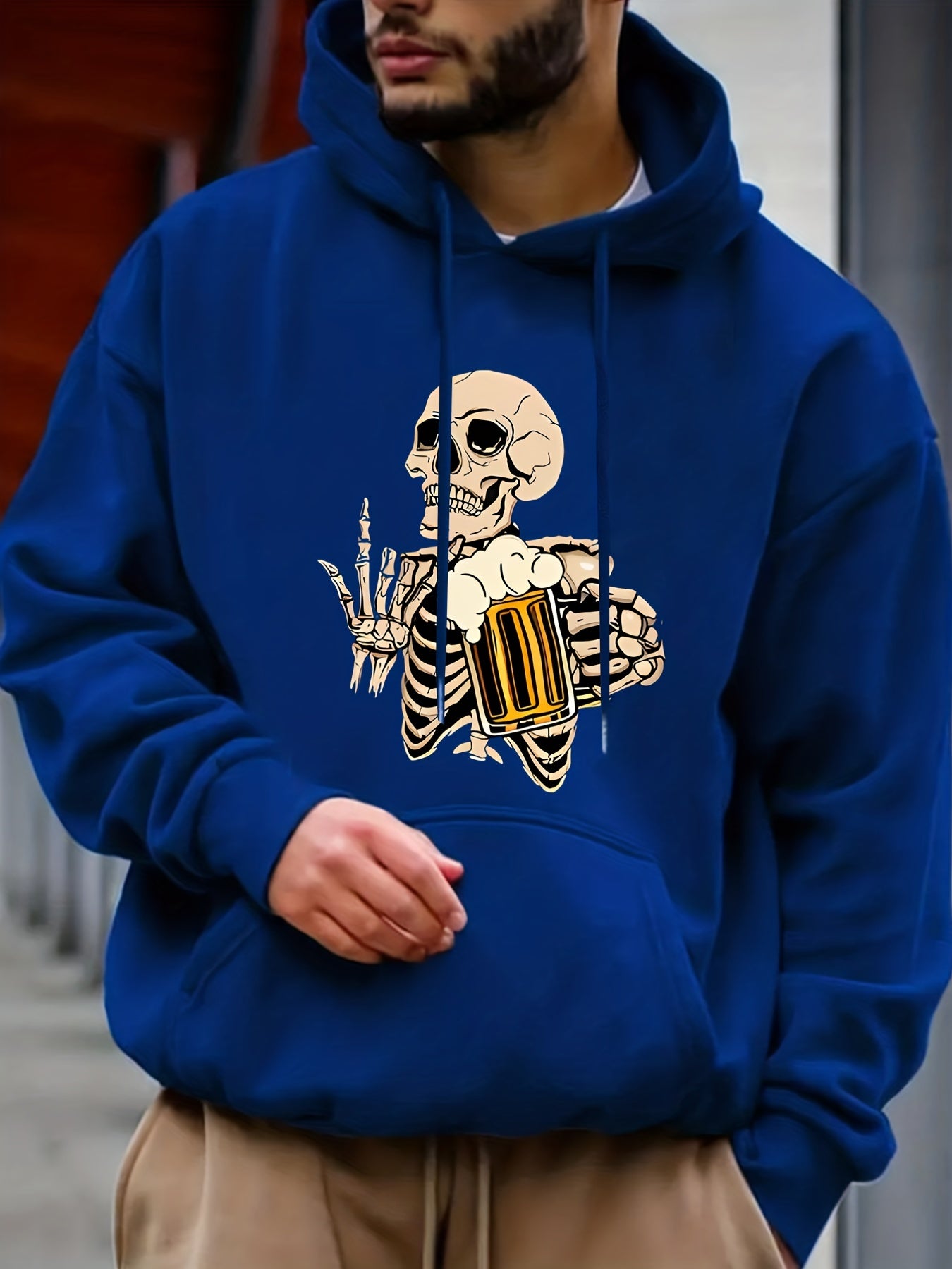 Skeleton Beer Print Hoodie Men's Pullover Sweatshirt