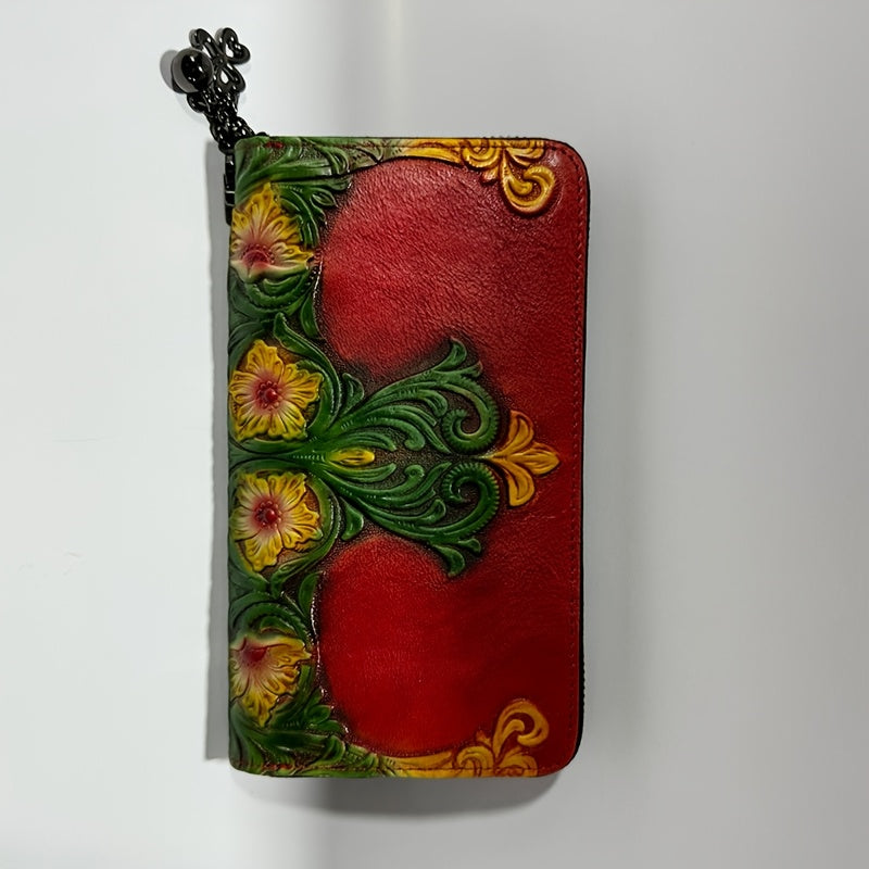 Vintage Floral Print Leather Women's Wallet with Wrist Strap Red