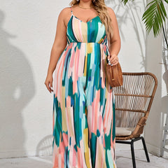 Colorblock Brush Print V-Neck Jumpsuit