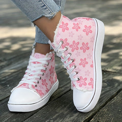 Pink Floral High Top Canvas Sneakers Lace Up Flat Shoes