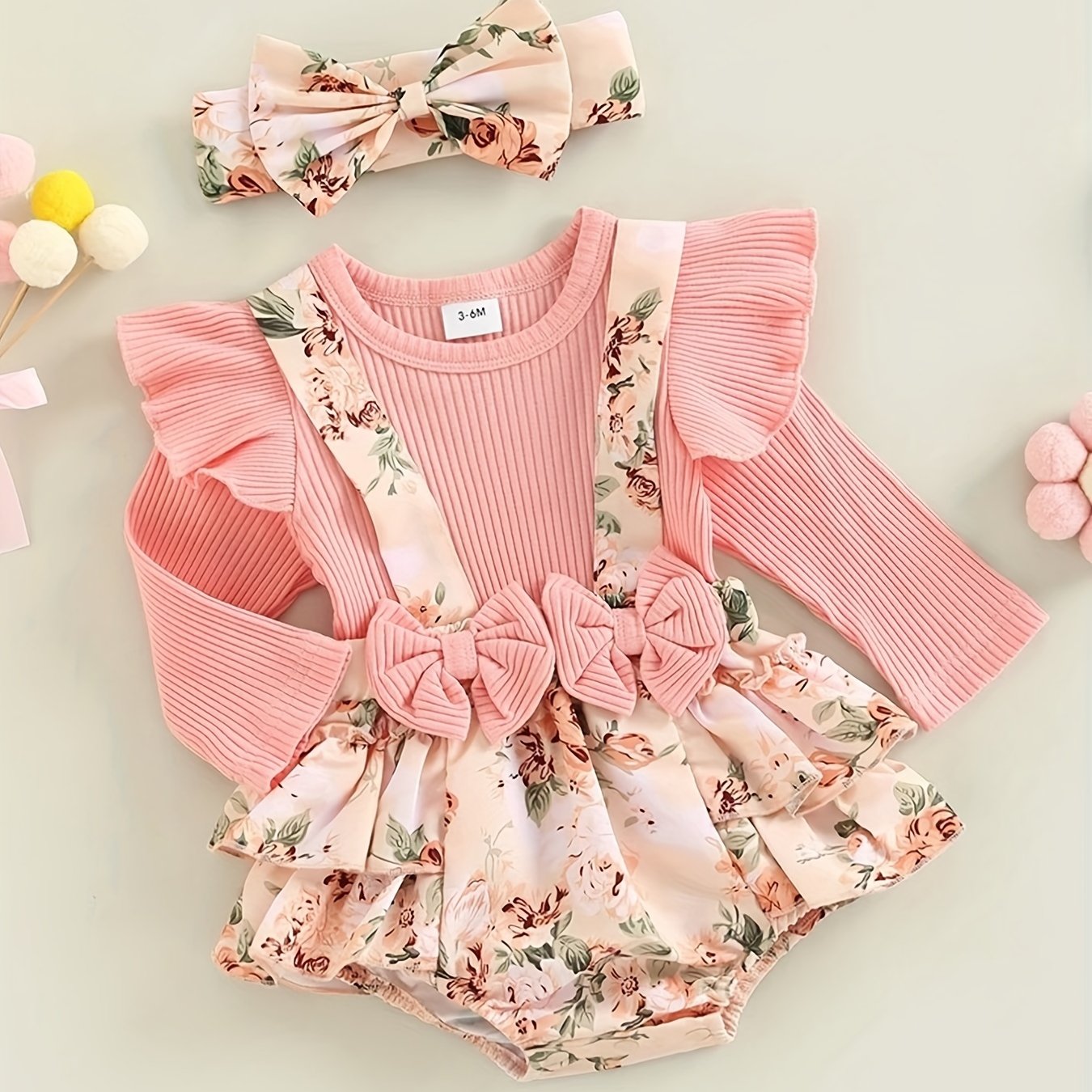 2pcs Baby Girls Floral Onesie & Headband Set Clothes