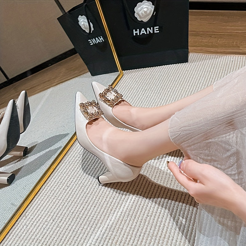 Women's Rhinestone Buckle Decor Pointed Toe Pumps Slip On High Heels