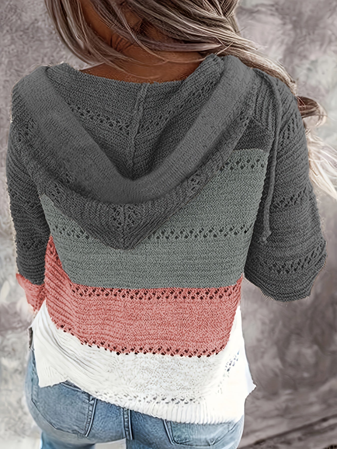 Casual Sweater Women's Plus Colorblock Hollow Out Hooded Jumper