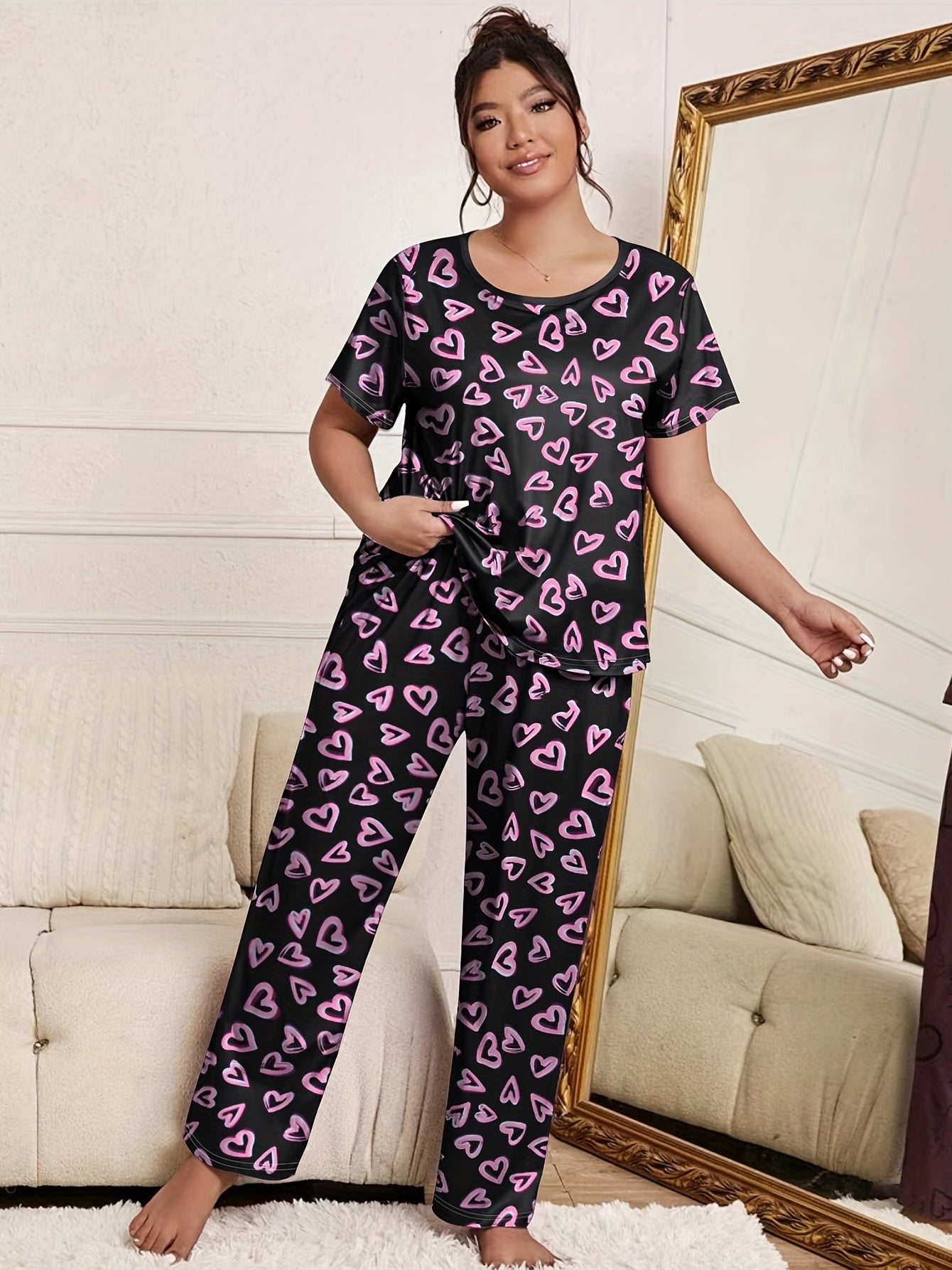 Heart Print Pajama Set Short Sleeve Top & Pants Two Piece