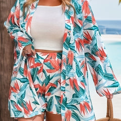 Tropical Floral Print Two Piece Set Open Front Blouse & Elastic Waist Outfits