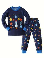 Boys Rocket Solar System Print Pajama Set Long Sleeve Round Neck Top & Pants