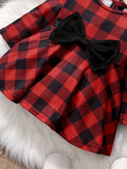 Baby Girls Christmas Plaid Dress Big Bow Long Sleeve Puffy