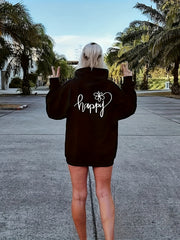 Happy Print Zip Up Hoodie Casual Sweatshirt for Women