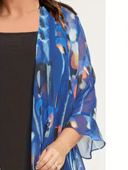 Random Print Long Sleeve Cover Up & Tank Top Outfits Set
