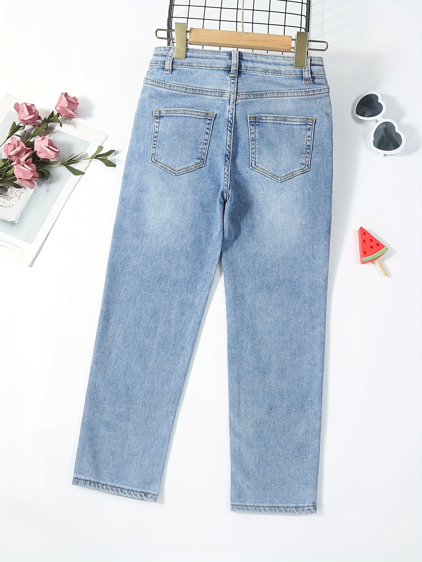 Girls Heart Print Stretch Jean Denim Pants with Pocket