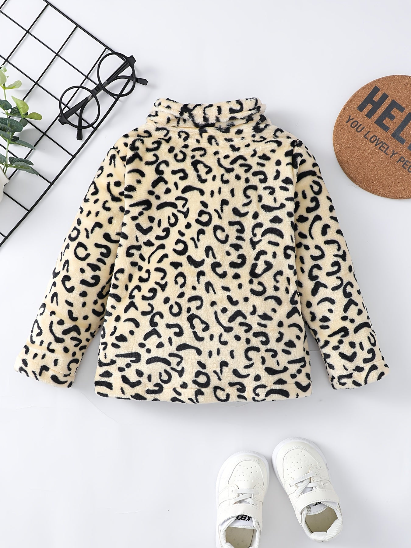 Girls Leopard Print Fleece Jacket, Winter Kids Clothes