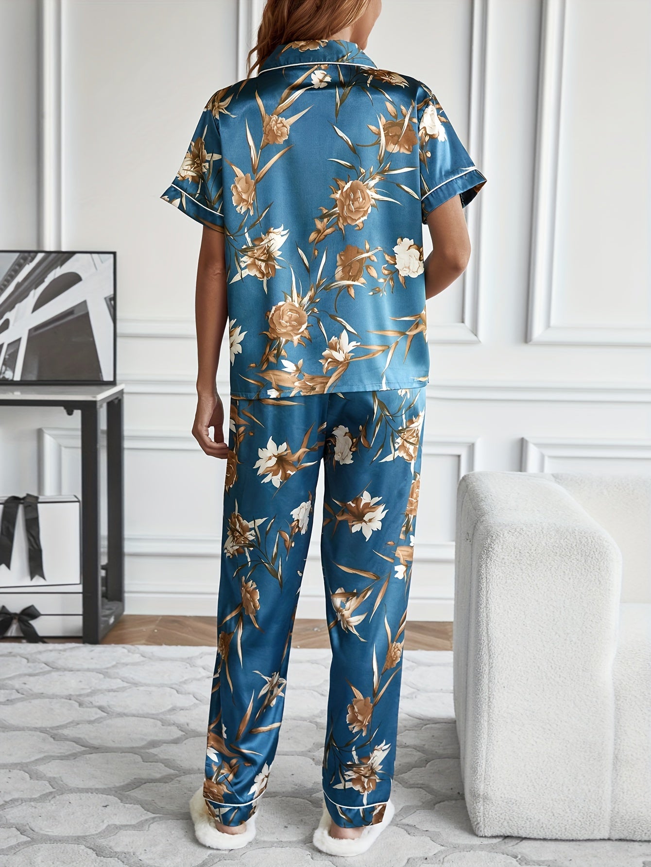 Floral Print Pajamas Set Button Up Blouse & Elastic Waistband Pants
