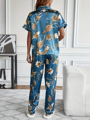 Floral Print Pajamas Set Button Up Blouse & Elastic Waistband Pants